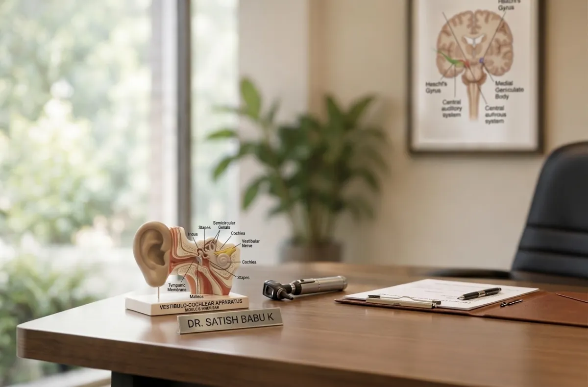 Anatomical ear model, otoscope and nameplate on the consulting room desk